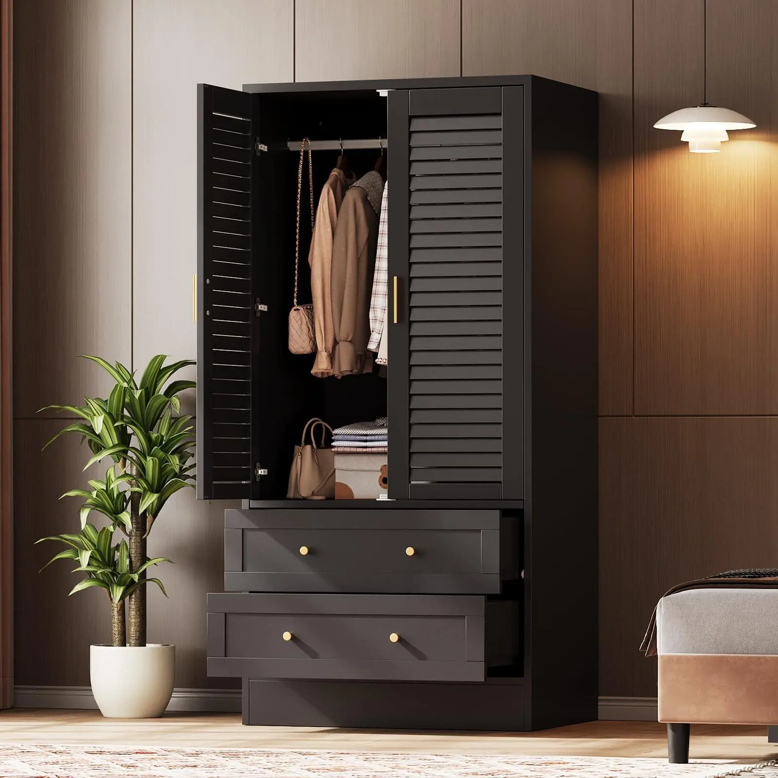 65" Louvered Armoire Wardrobe Closet, Wood Clothing Storage Cabinets with 2 Doors and 2 Drawers, Wooden Wardrobe Closet with Hanging Rod for Bedroom, Cloak Room, Laundry Room, Entrance Hall, Black
