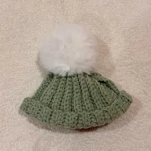 Crochet Cat Hat - Green Ribbed Design with White Fluffy Pom Pom