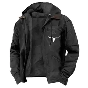 Vintage men’s hooded coat — a rugged outdoor jacket lined with fleece for hunting, fishing, and casual use, featuring large patch pockets and a robust front zipper, built on a classic canvas shell.