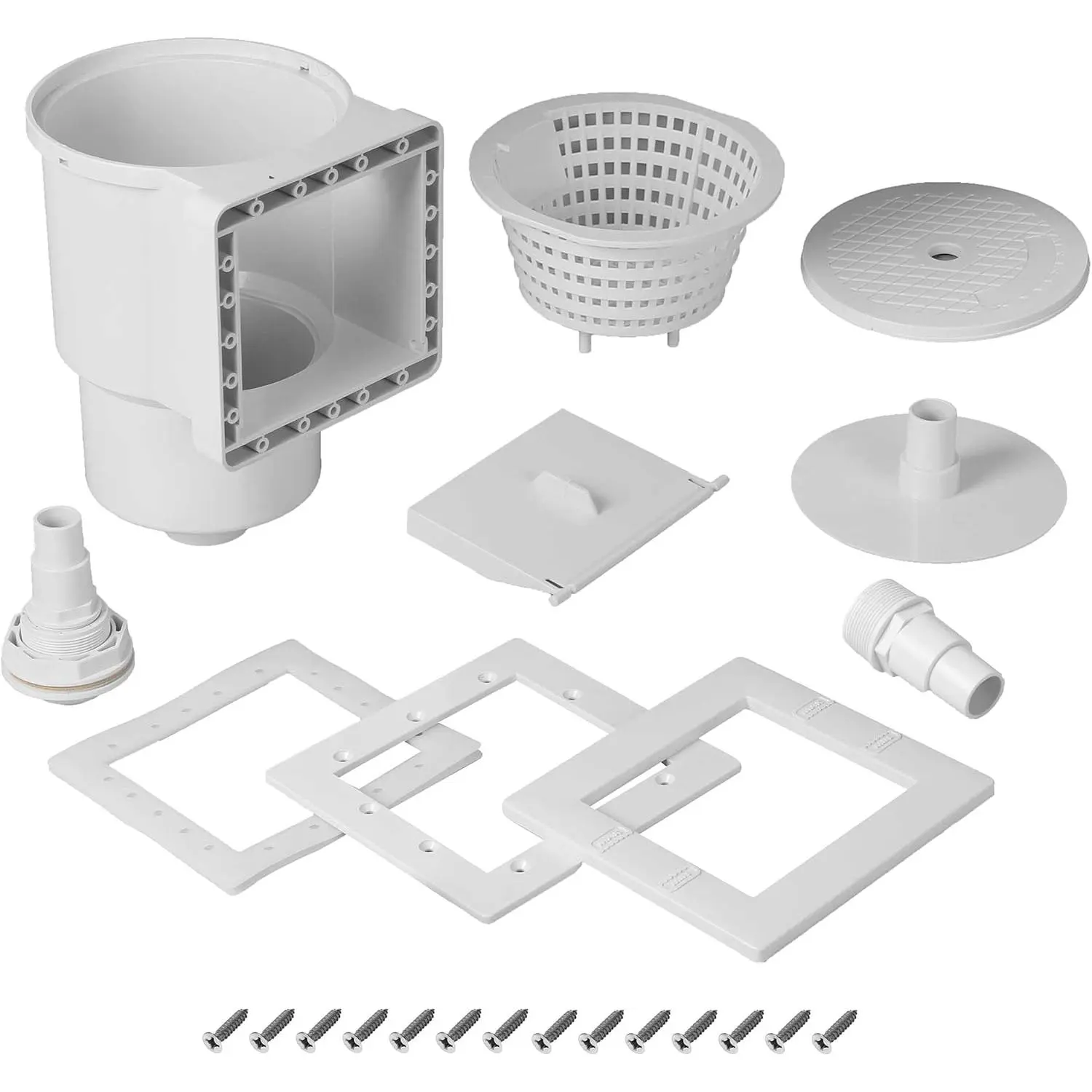 (Complete Set Universal Fit Above Ground Pool Skimmers (White) Pool Skimmer Accessory Kit ABS Plastic Thru-Wall Skimmer with Accessories Opening Width 6" Fits  Standard Pools Wall Cutouts