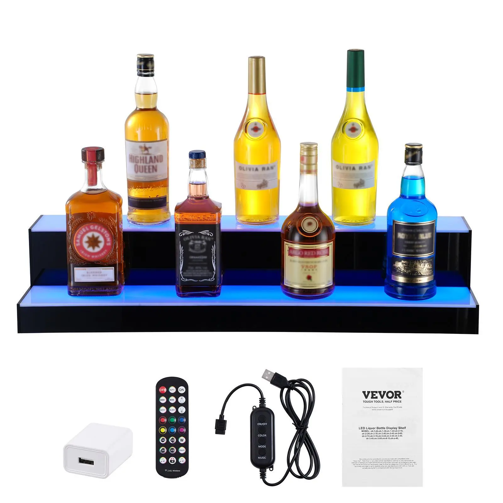 VEVOR LED Lighted Liquor Bottle Display Shelf - 2-Tier 30in Commercial Translucent Acrylic Bar Utensils Rack, Indoor-Outdoor Home Whiskey Stand with RF Remote & App Control Multicolor LED Lighting#BackToSchool