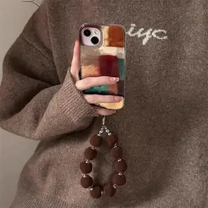 Vintage Colorblock Protective Phone Case with Fur Ball Chain, Hollow Out Design, Fits Apple iPhone 11 12 13 14 15 16 17 Pro Max, Casing