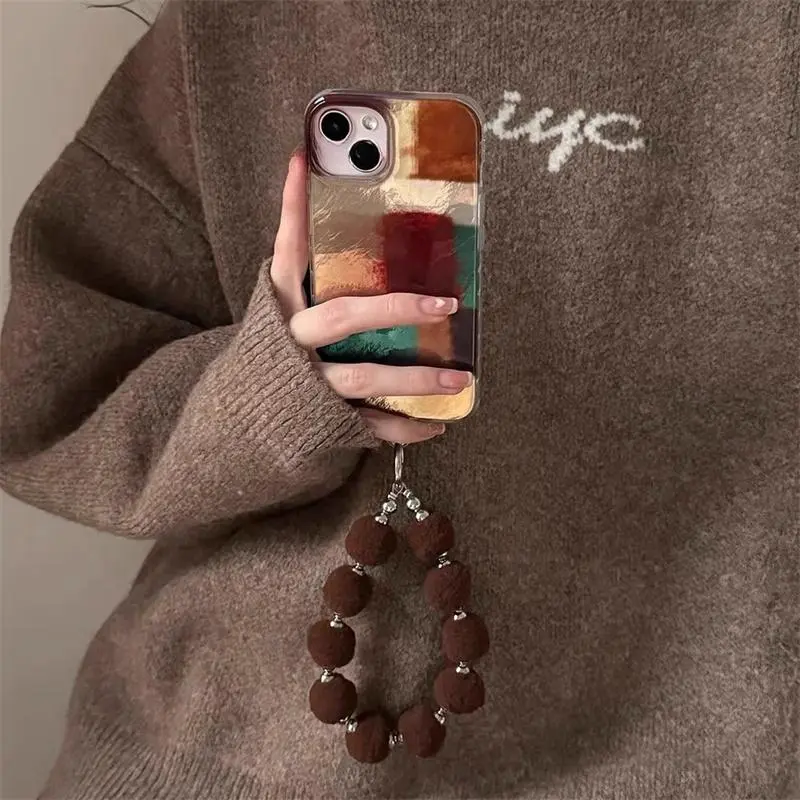 Vintage Colorblock Protective Phone Case Cover with Fur Ball Chain, Hollow Out Design, Cellphone Casing, Fits Apple iPhone 11 12 13 14 15 16 17 Pro Max, Casing, Accessories