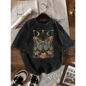 Elegant Washed Cotton T-Shirt for Women Featuring Vintage Bohemian Butterfly and Floral Print Soft Blue and Gold Top with Round Neck Ideal for Casual Vacations Travel and Parties Stylish Fashion for the New Year