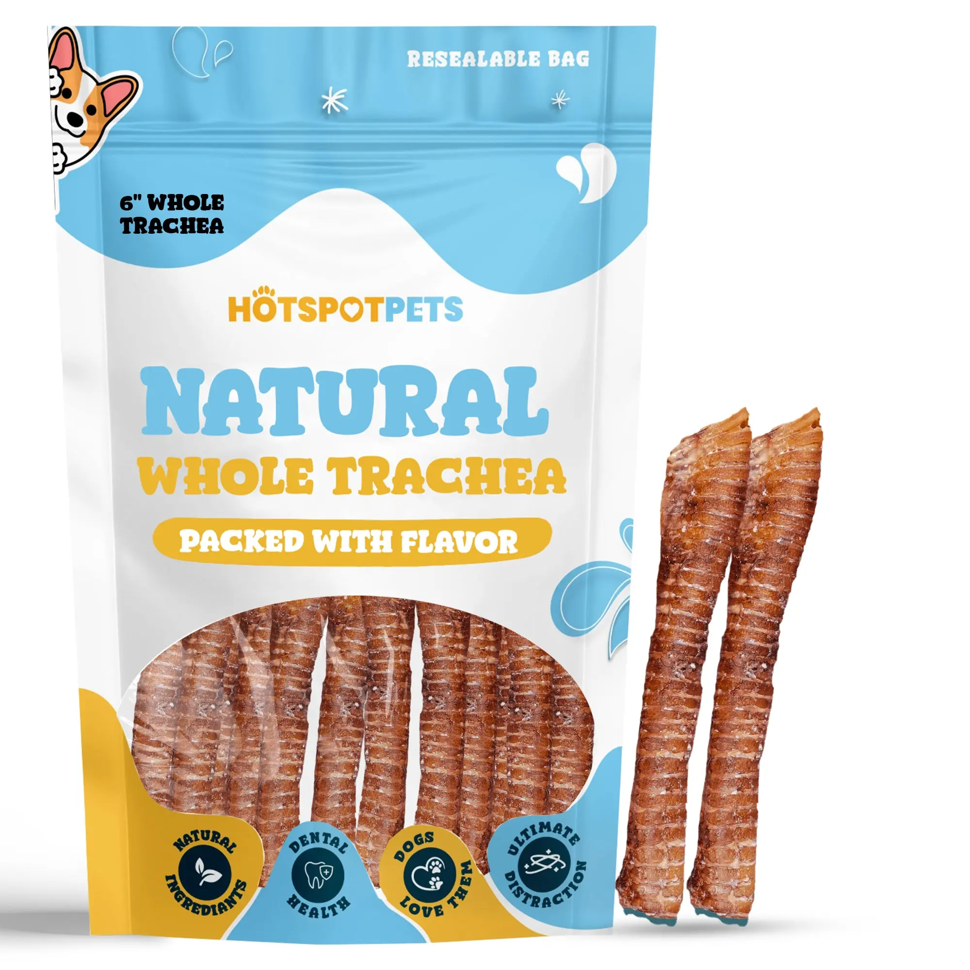 Dog Dental Treats - 6" Long Natural Whole Beef Trachea Chews, Rich in Protein, Teeth Cleaning, Joint Support for Small-Medium Dogs