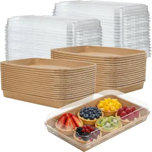 30 Pack Disposable Kraft Paper Serving Trays with Clear Lids, 10 x 6.3 x1.8in Small Paper Charcuterie Boxes with Clear Lids, 25oz Grease Resistant Charcuterie Trays for Desserts, Fruit and Bakery