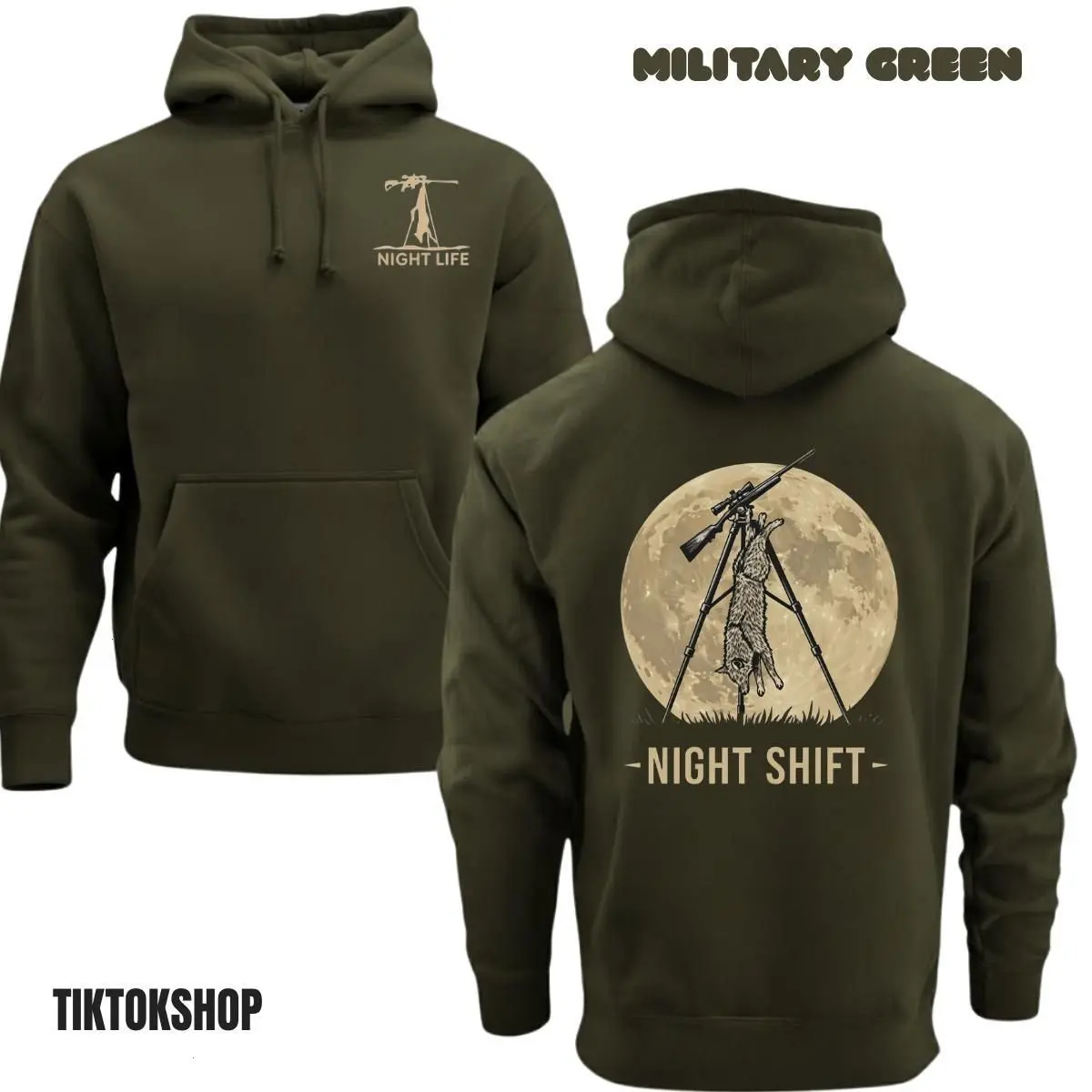 Night Shift Coyote Hunting Hoodie Predator Hunting Graphic Hoodie Night Life Hunter Apparel Moon Hunting Design Outdoor Gift Unisex Hoodie