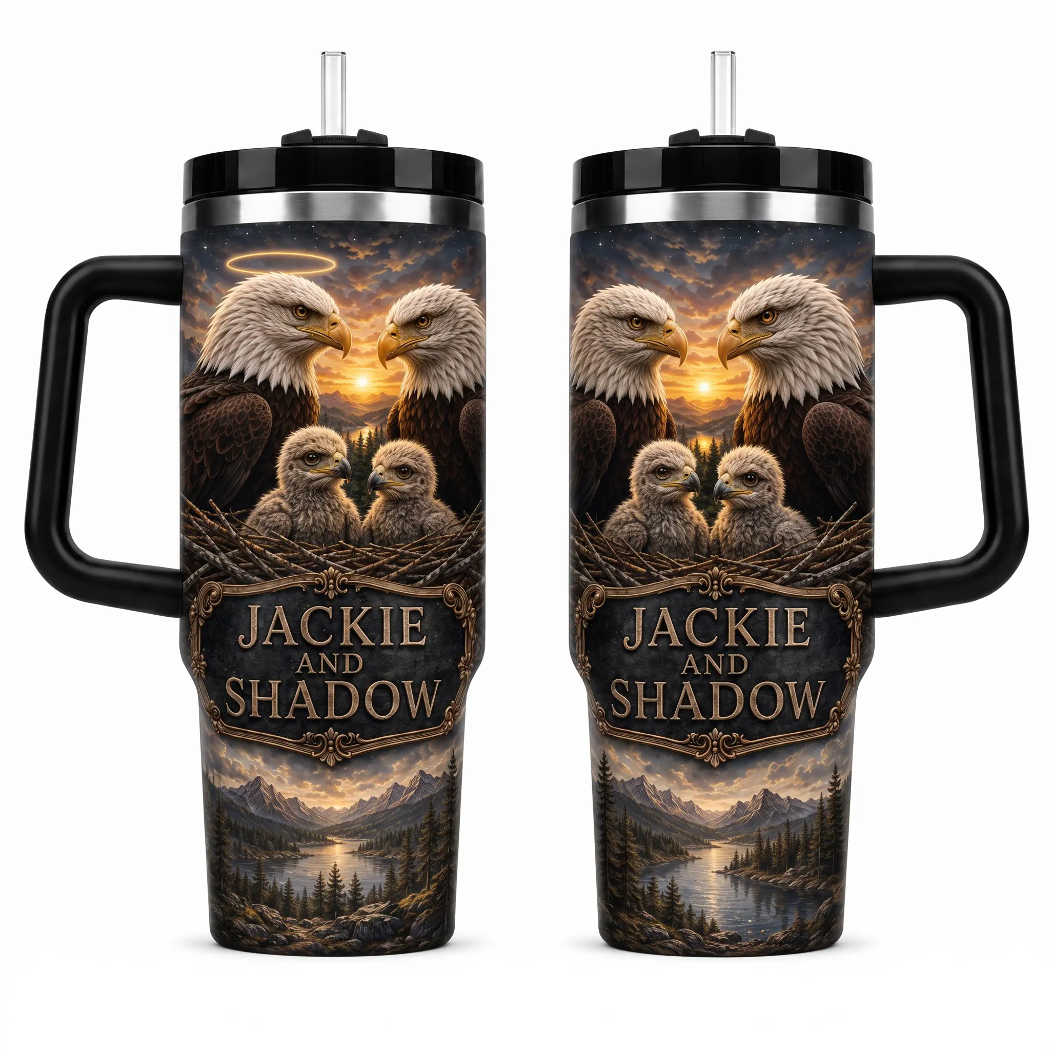 Bald Eagle Family Tumbler, Jackie and Shadow Travel Mug, Eagle Couple and Baby Design, Mountain Lake Stainless Steel Cup, Gift for Eagle Lovers