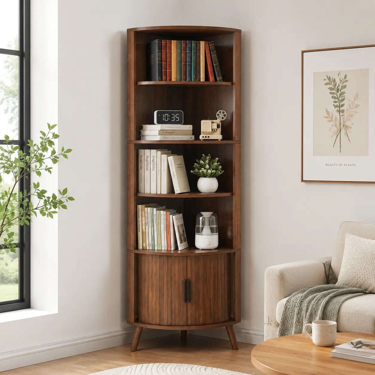 littleox 5-Tier Corner Shelf, 67'' Tall Corner Bookshelf, Freestanding Wood Corner Shelf with Sliding Doors & Open Shelves, Saving Space, Modern Corner Storage Cabinet for Living Room, Kitchen, Office (Walnut)