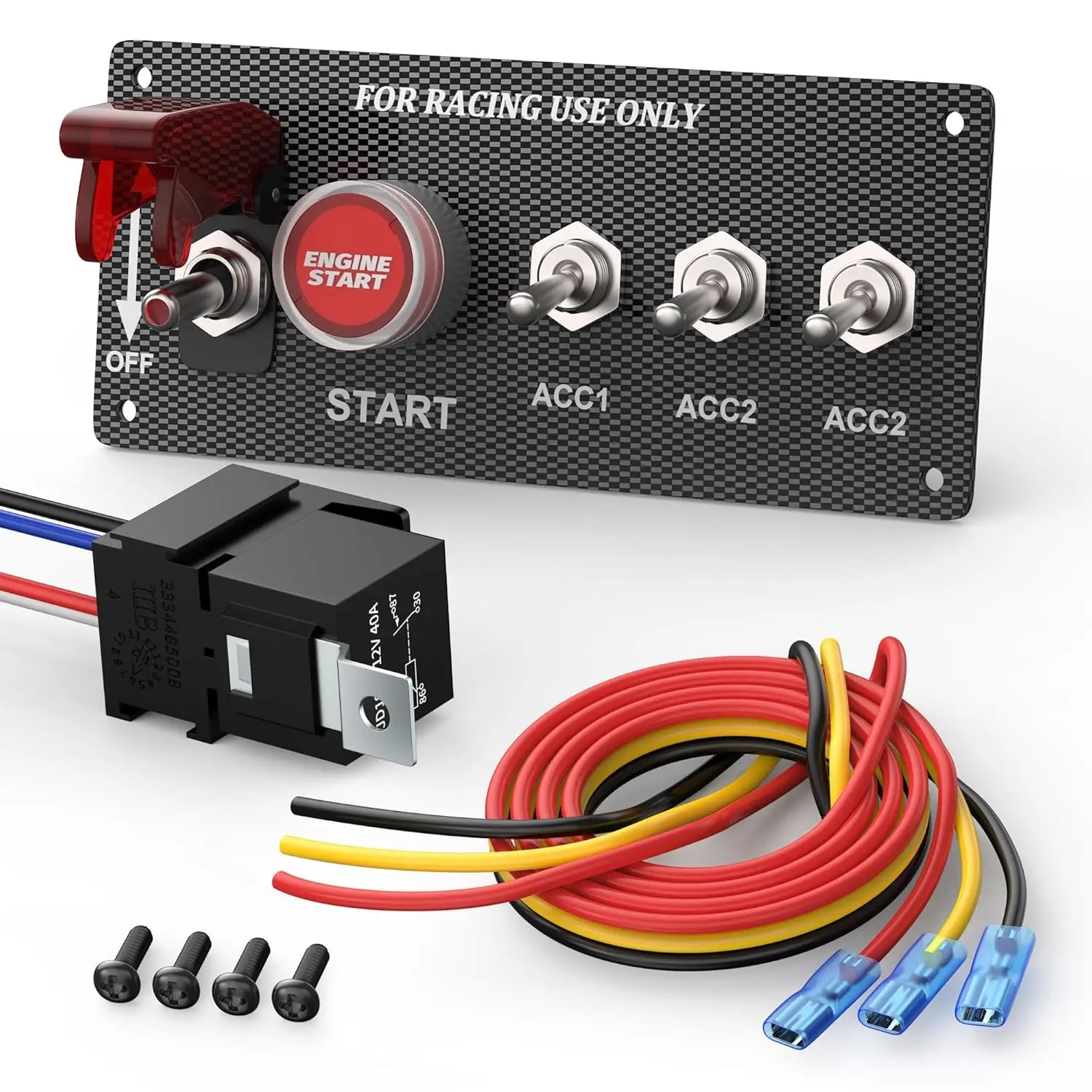 JDM Sim Racing Setup 5-in-1 Ignition Switch Panel Carbon Fiber Look 12V Push To Start Button Red LED Toggle Relay Included Drift Car Marine DIY