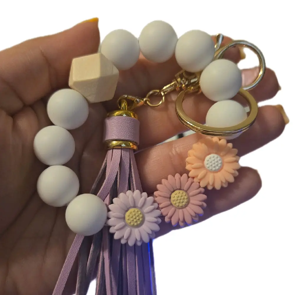 Cute Beaded Wristlet Keychain with Tassel & Flower Charms - Adorable Bag Accessories for Everyday Use