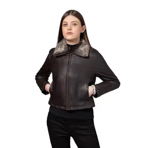 FM Women's Shearling Collar Moto Brown Leather Jacket