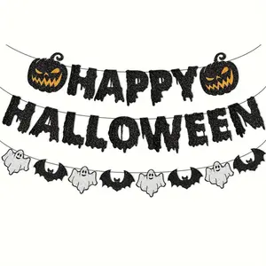 3pcs,Happy Halloween Banner Halloween Bunting Banner Garland With Spider Spooky Pumpkin & Bloody For Halloween Party Decorations,Christmas