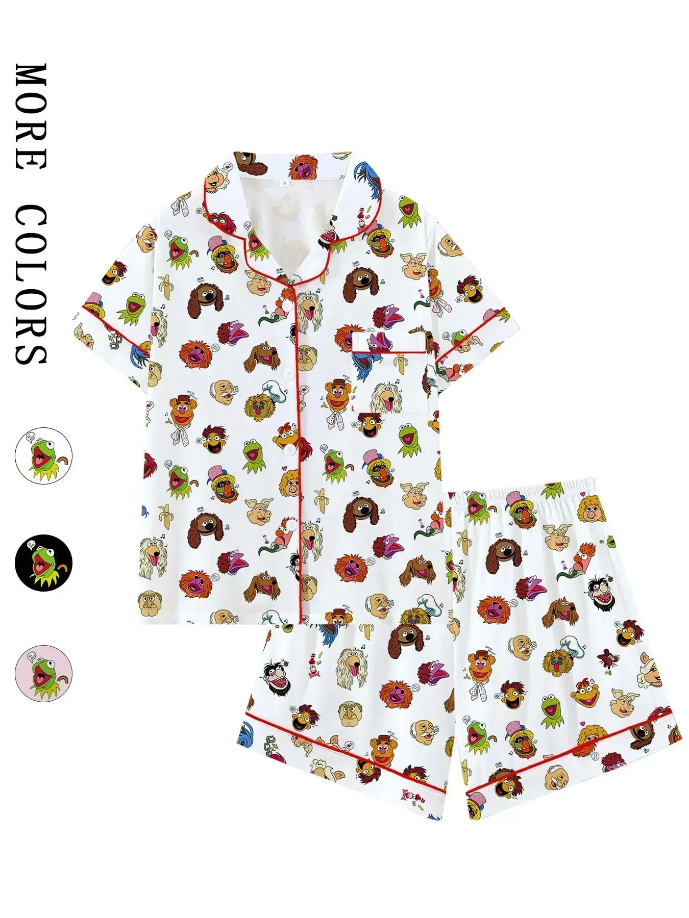 Muppets Cartoon Prints Loose Fitting Short Sleeve Sleepwear Set Loungewear All Season Comfortable Party Wear Ideal Gift for Relaxing Travel Pajama Set