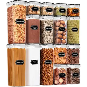 Airtight Food Storage Containers Set, 16 Pcs Plastic Dry Food Canisters for Kitchen Pantry Organization - Ideal for Cereal, Flour & Sugar with Labels and Marker (Black) Reusable Silicone Transparent Utensils Lids Lightweight Organiser Stackable
