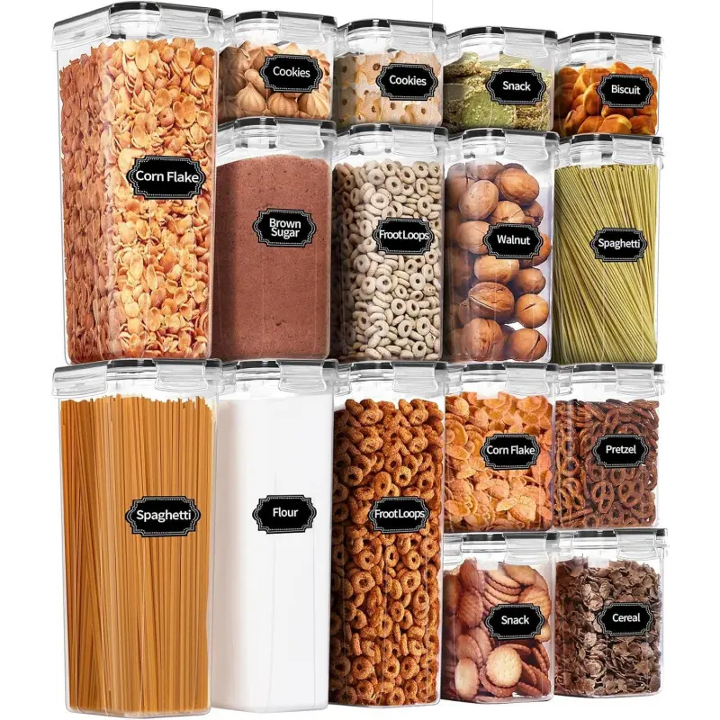 Airtight Food Storage Containers Set, 16 Pcs Plastic Dry Food Canisters for Kitchen Pantry Organization - Ideal for Cereal, Flour & Sugar with Labels and Marker (Black) Reusable Silicone Transparent Utensils Lids Lightweight Organiser Stackable
