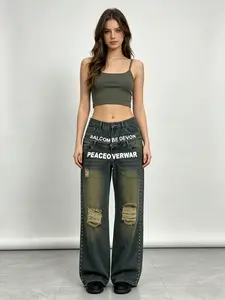Baggy Wide Leg Jeans - Double Waistband Vintage Wash Distressed Ripped Studded Denim Pants, No Waist Gap Curvy Friendly Streetwear Y2K Grunge Pants for Women, 2000s Retro Letter Print Loose Fit Trousers