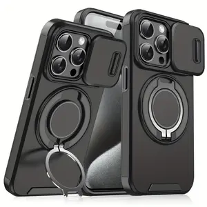 Case for iPhone 17/16/15/14/13/12/Pro/Max Pro/Plus with Sliding Camera Cover+[Full Camera Protection]with 360° Rotating Ring Stand/Car Magnetic Holder/Frosted Texture Protective Shockproof Phone Case