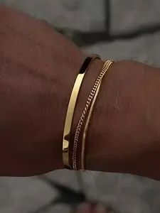 Stainless Steel Bracelet Set 3 Pcs Fashion Plain Stackable Cuff Bracelets for Men and Women Cuban Snake Chain Design for Daily Wear Party Jewelry Valentine's Day Gift