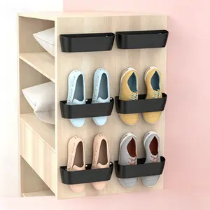 Over-The-Door Shoe Organizer 6 Pack, Wall Mounted Shoes Rack with Sticky Hanging Strips, Plastic Hanging Shoe Storage for Closet, Door Shoe Hangers for Space Saving, Reusable Adhesive Strips, No Drilling Needed Hooks for Boots Sneakers