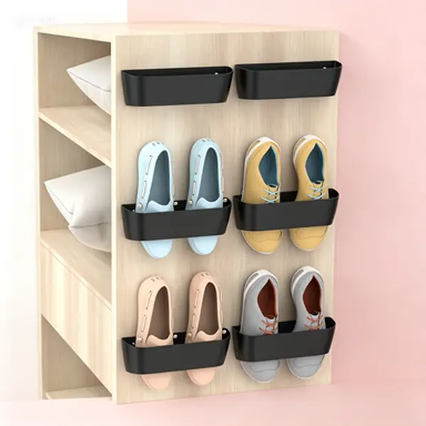 Over-The-Door Shoe Organizer 6 Pack, Wall Mounted Shoes Rack with Sticky Hanging Strips, Plastic Hanging Shoe Storage for Closet, Door Shoe Hangers for Space Saving, Reusable Adhesive Strips, No Drilling Needed Hooks for Boots Sneakers