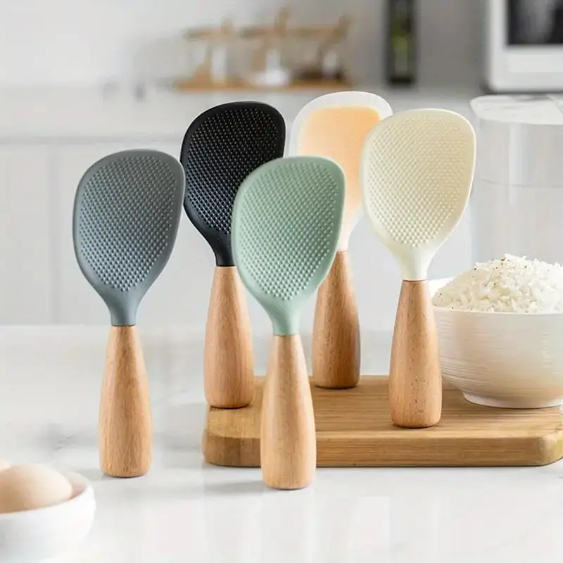 Silicone Spoon with Wooden Handle, 1 Count Heat-insulation Heat-resistant Spoon for Rice Cooker, Practical Kitchen Tool for Home Restaurant, Silicone