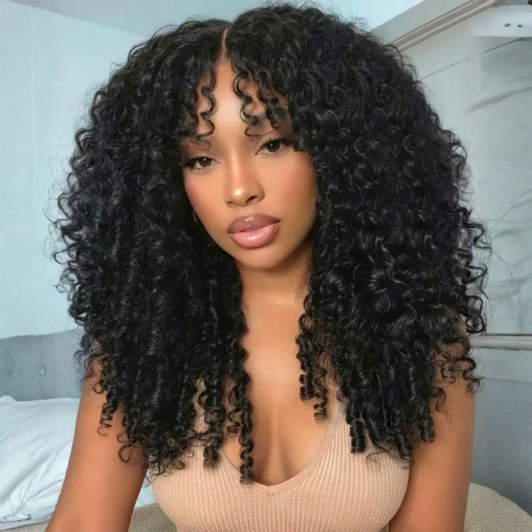 Sunber 7x5 Glueless Lace Closure Burmese Curly Human Hair Female Wig with Bangs, Finger Coil Ends, Thick Coils, Natural, Voluminous, Wear & Go for Summer, Curled Waves