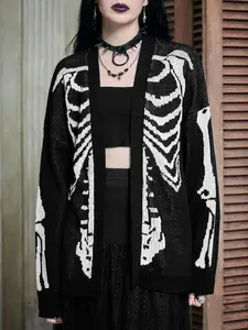 【Plus Size】 Halloween Skeleton Print Cardigan, Gothic Punk Casual Long Sleeve Open Front Knitwear for Fall & Winter, Women's Clothing for Daily Wear, Knitting Sweater Cardigan