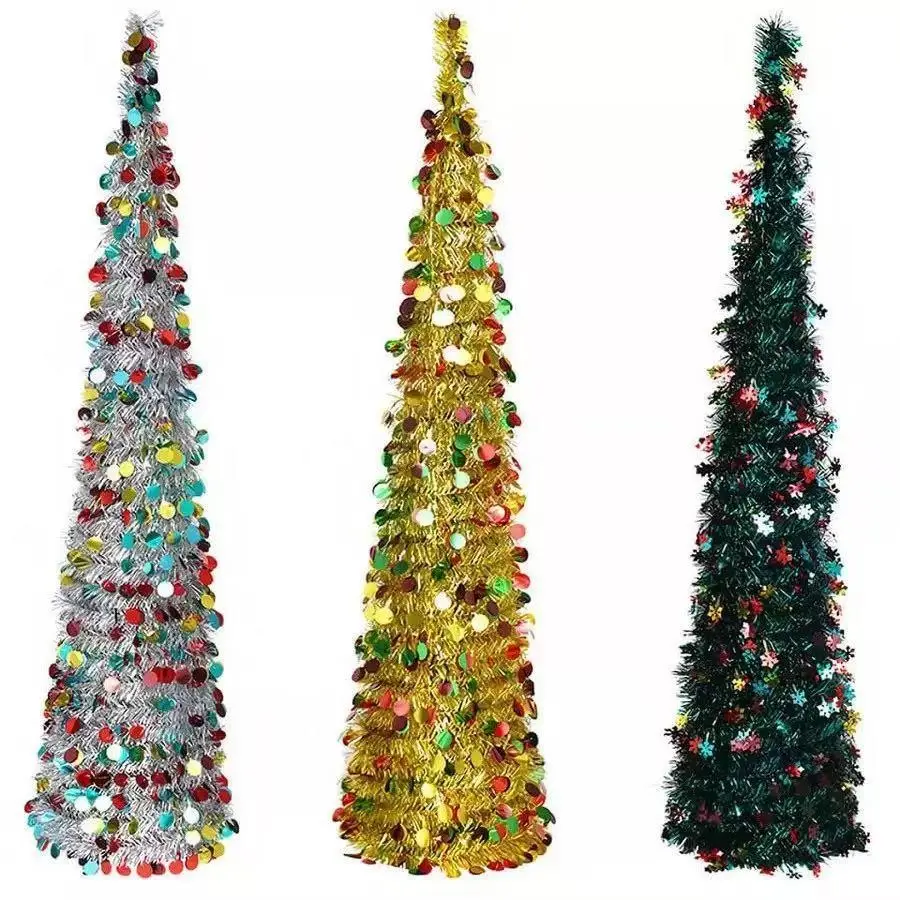 5 Foot Pop-Up Metal Wire Christmas Tree, Foldable Artificial Pencil Tight Fit Xmas Tree, Home Decor Indoor Holiday Party Decoration, Silver Color