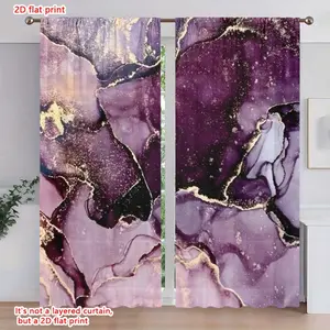 2D Flat 2Pcs Abstract Purple Gold Marble Print Curtains for Living Room, Pole Hung Window Treatment, Aesthetic Semi Sheer Panels Bedroom, Home Decor, Office, Modern Decorative