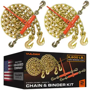 VULCAN Chain and Binder Kit - Grade 70 - 3/8 Inch x 20 Foot - 6600 Pound Safe Working Load Resist The Elements Secure Equipment For Transport Flatbed Trailers