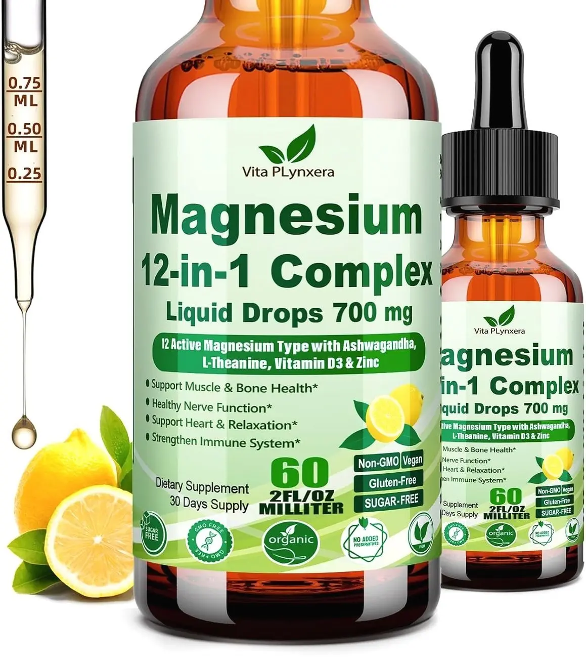 12-in-1 Magnesium Complex Liquid Drops, Chelated Magnesium Citrate Glycinate Taurate Malate Aspartate