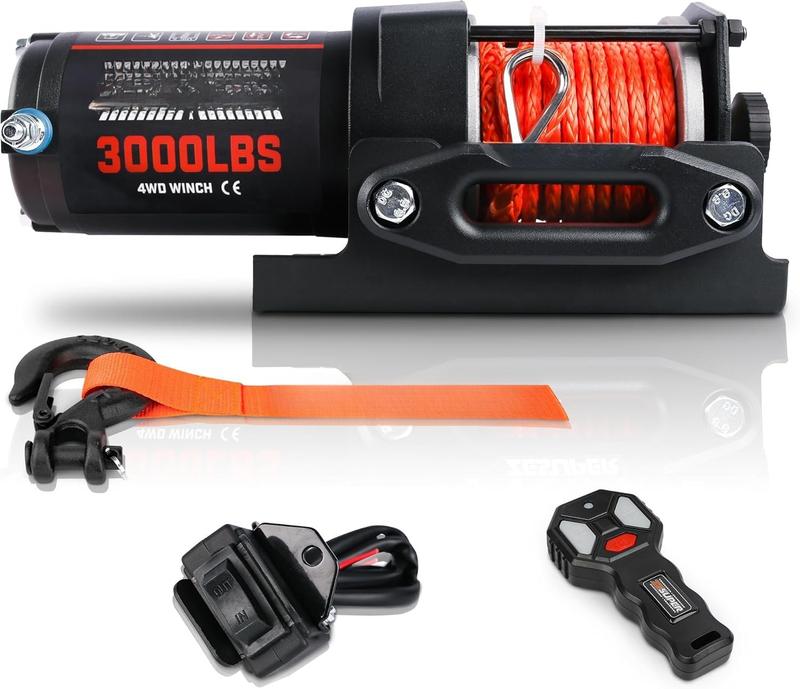 3000 lb Electric Winch for ATV UTV Trailer Boat Synthetic Rope Winch 12V DC Off Road Towing Winches with  Remote Mounting Bracket
