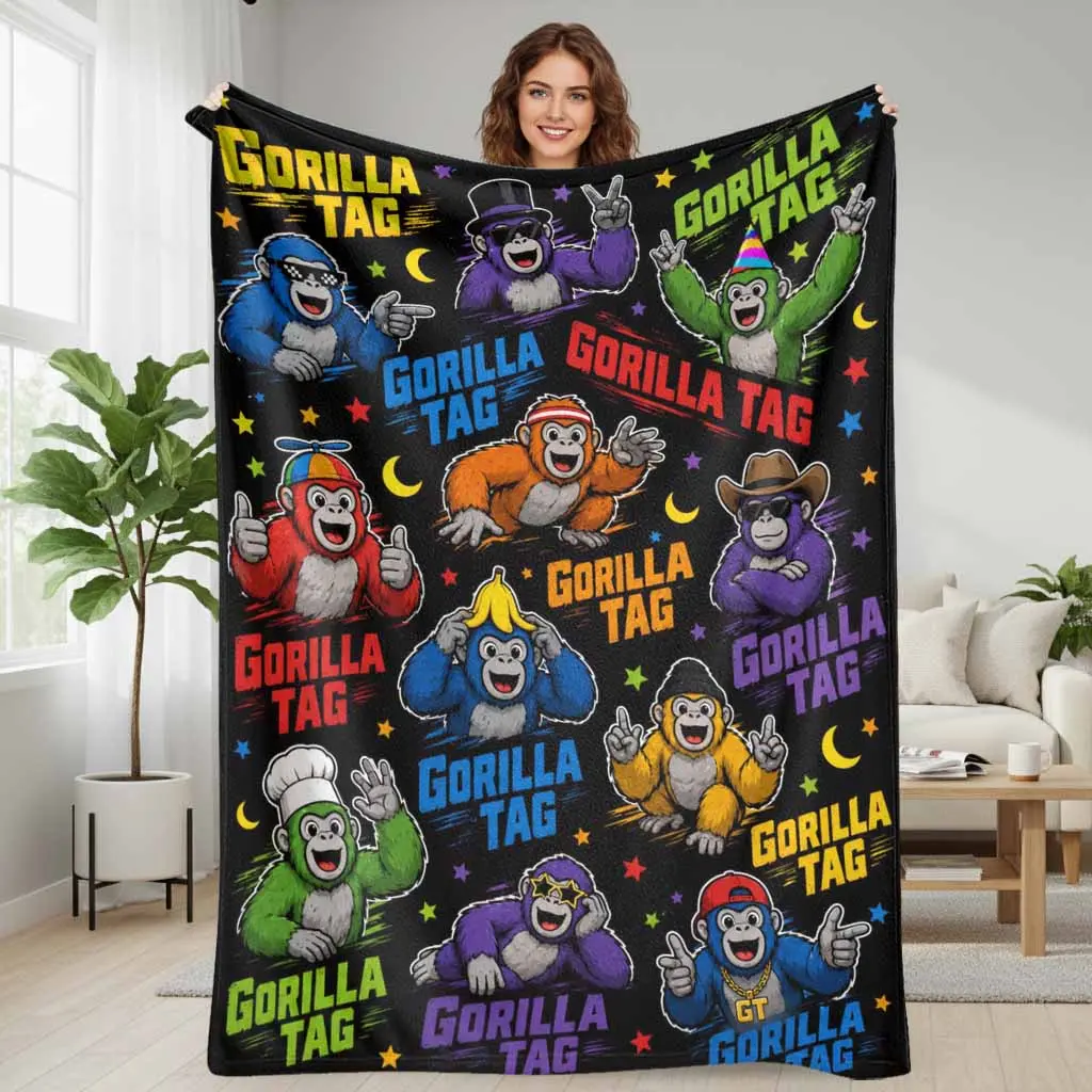 Colorful Gorilla Tag Graphic Flannel Blanket - Fun Animal Cartoon Print, Soft Plush Lightweight Breathable Cozy Warm Throw, Wrinkle Resistant, Ideal for Cozy Setup, Daily Office Life, Travel, Snug as a Bug in a Rug