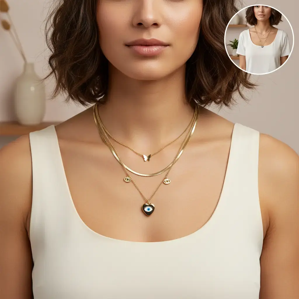 Dainty Double Layer Butterfly Necklace 18K Gold Plated Bohemian Layered Chain with Heart and Eye Charms