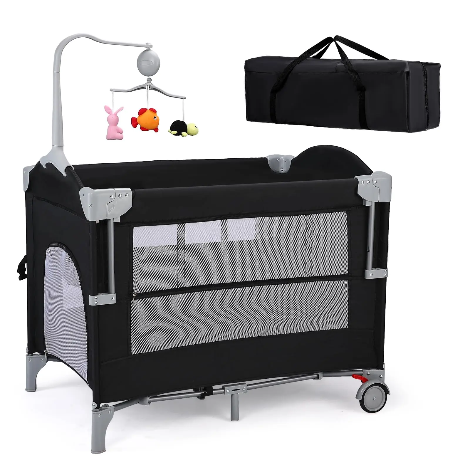 JOYMOR 4 in 1 Pack and Play, Baby Bedside Bassinet, Sturdy Play Yard with Padded Mat and Toy bar with Soft Toys