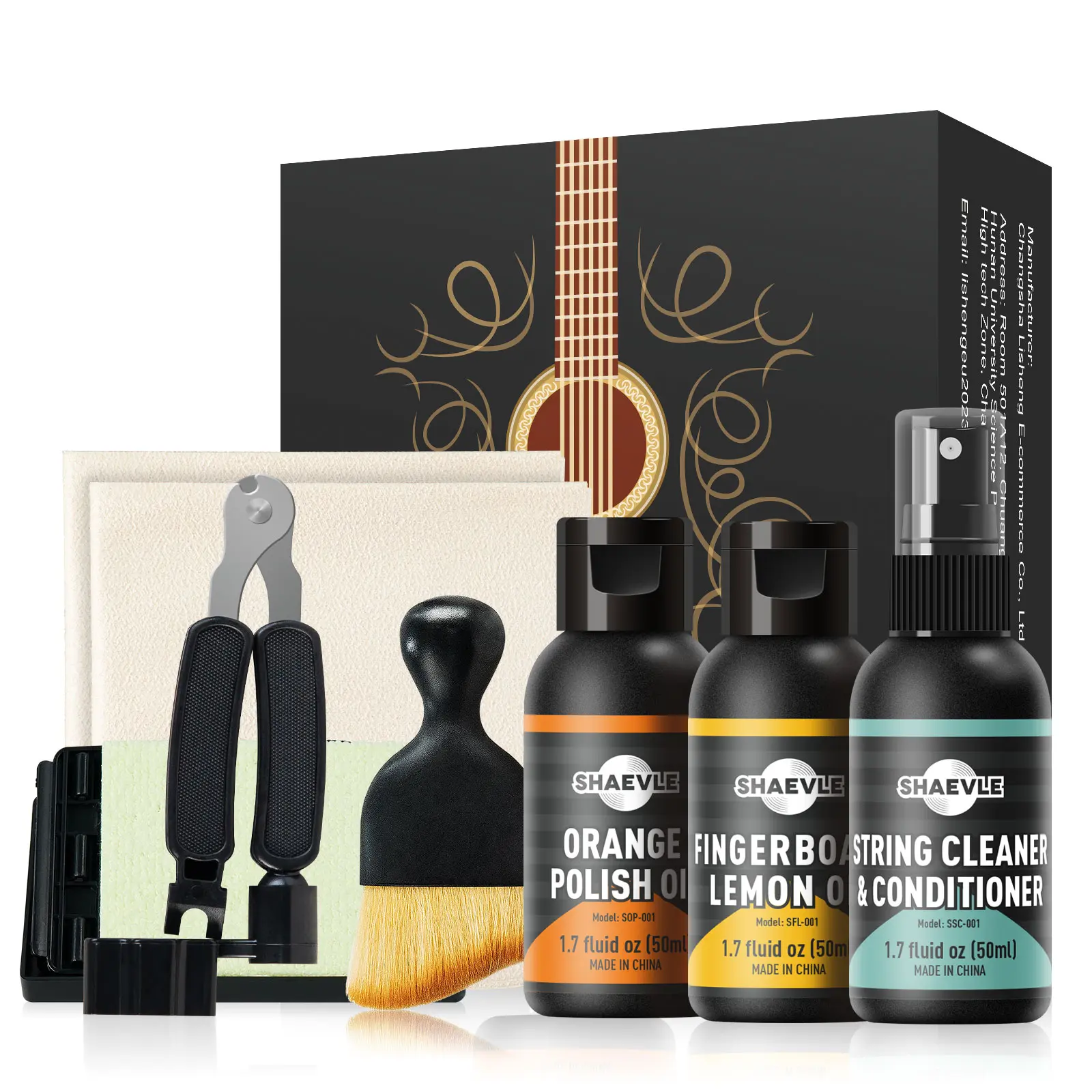 Acoustic Guitar Cleaning Kit: Orange Polish Oil,Fingerboard Lemon Oil,String Cleaner,Guitar String Winder,String Brush,Cleaning Cloth&String Cleaner Cloth for guitar cleaning and maintenance