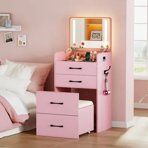 Lvifur 3-in-1 Compact Corner Beauty Vanity Set - Sturdy LED Lighted Desk with Glass Mirror, Metal Frame, Storage Drawers, Built-in Chair, Smart Sensor LED Lighting, Compact Vanity Solutions for Bedroom, Dorm Organization (Assembly Required)