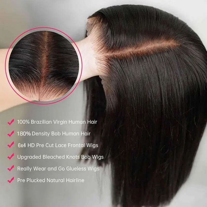 SUKI ORIGINAL Free Part Short Bob 7x5 HD Lace Silky Straight Wig 250% Natural Black Deep Part Lace Glueless Human Hair Pre Plucked with Natural Hairline