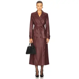 Bardot Faux Leather Longline Coat in Burgundy