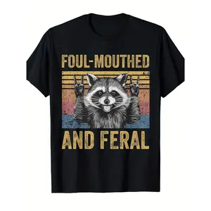 Men' & Women' Feral Summer Meme Vintage T-Shirt - Foul-Mouthed Feral Raccoon Graphic Tee, Pure Cotton Retro Casual Shirt, Round Neck Short-Sleeve Top Suitable for Parties, Outfits & Casual Attire 220G
