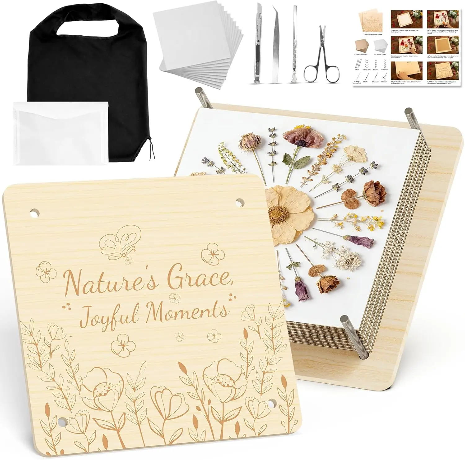 zunmial Flower Press Kit–Craft Kits 11 x 11 Large 10 Layers Wooden Flower Presser for Adults & Teens DIY Bouquet Preservation,Dried Flowers Art,Preservation for Bookmark Frame Wedding Flowers Drying