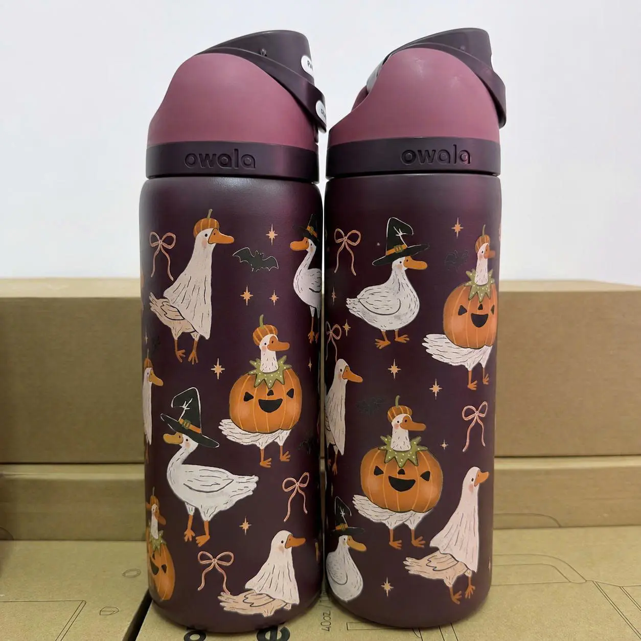 Halloween Duck & Pumpkin Owala Water Bottle with Lid - 24oz, 32oz Spooky Fall Kitchenware Beverage Container, Cute Duck in Ghost Costume, Pumpkin Costume, Witch Hat, Bow Designs