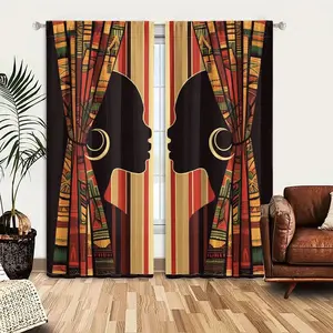 2pcs Window Curtains, Two dark profiles face each other, framed by vibrant, African-patterned curtains, with a striped background. Each wears a large hoop earring.Window Drapes for Bedroom Living Room, Rod Pocket Window Treatment