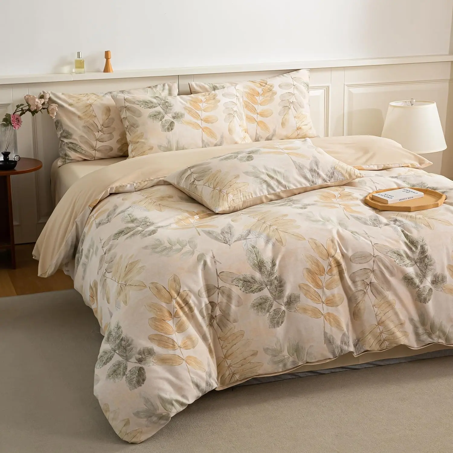 Biselina 100% Soft Cotton Breathable Reversible Brushed Leaf Patterns Printed Duvet Cover 3-Piece Set  including1 Duvet Cover with 2 Pillow Shams Universal for All Seasons Comfortable Simple and Cozy Comfort Design duvetcover#tiktokshopsummersale
