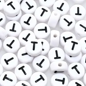 Amaney Letter Beads T 100pcs 7×4mm White Round Acrylic Black Alphabet for Jewelry Making