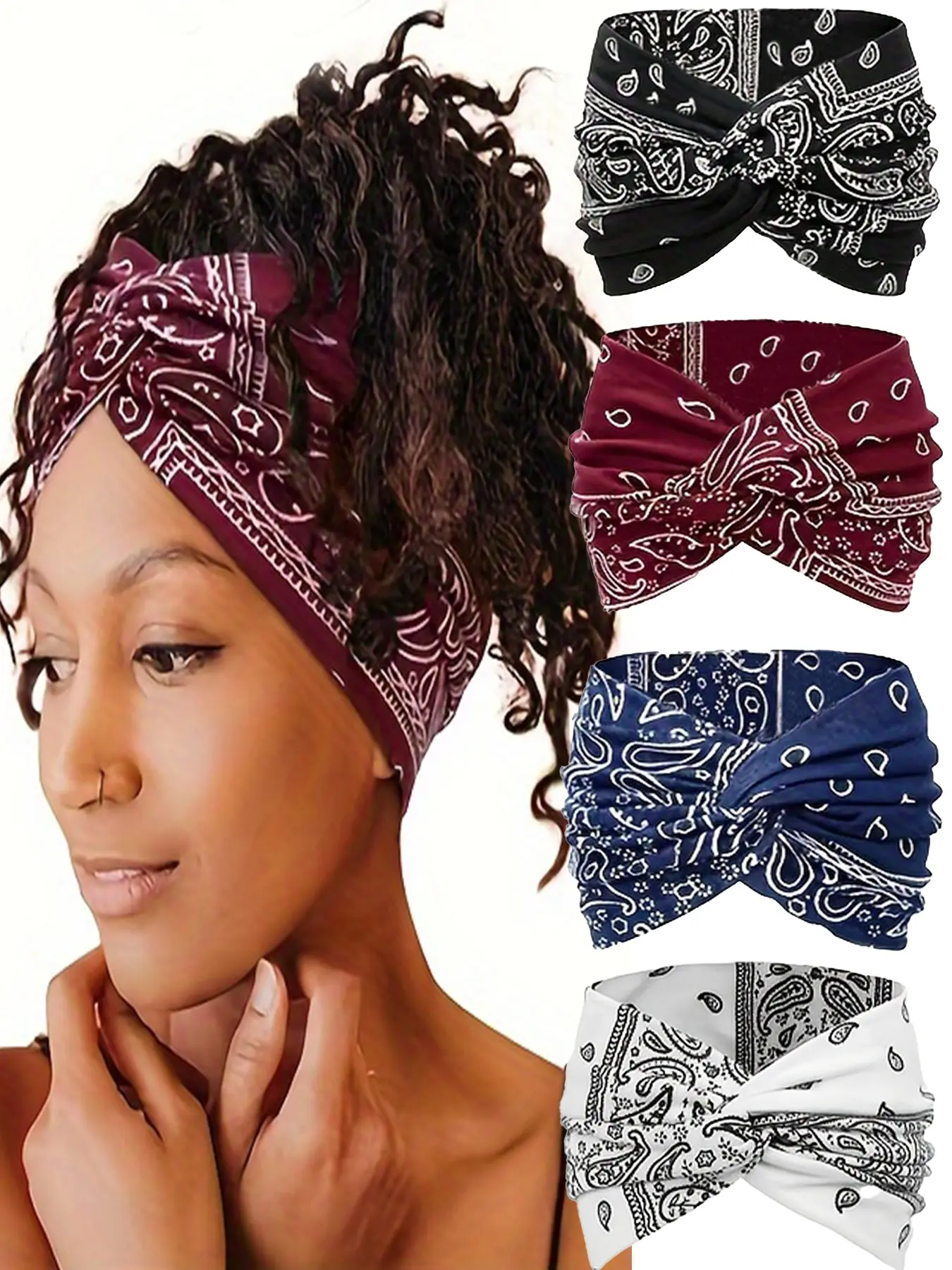 Boho Style Paisley Pattern Cross Headbands, Burgundy Blue Colors, Versatile Fashion Accessories for Women & Girls, Headband Head Wrap, Headband Set, Boho Hair Accessories