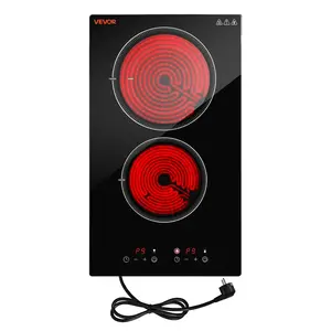 VEVOR Electric Cooktop 12inch 2 Burners Portable Stove Top 1800W 120V, Ceramic Countertop/Built-in Radiant Electric Stove, with 9 Power Levels, Timer, Child Lock, Over-Heat Guard, Touch Control