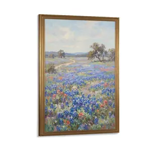 Printed Canvas Art, Impressionist Country Bluebonnets & Wildflowers Landscape, Colorful Wall Decor for Home, Living Room, Bedroom, Office, with Country Path & Trees