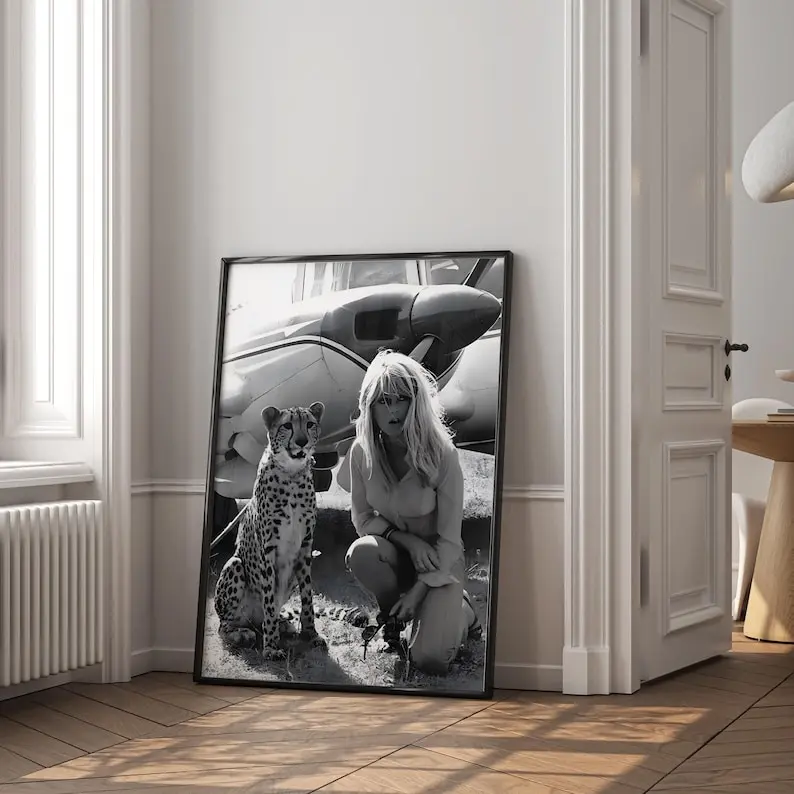 Brigitte Bardot Print with Leopard, Black and White Vintage Poster